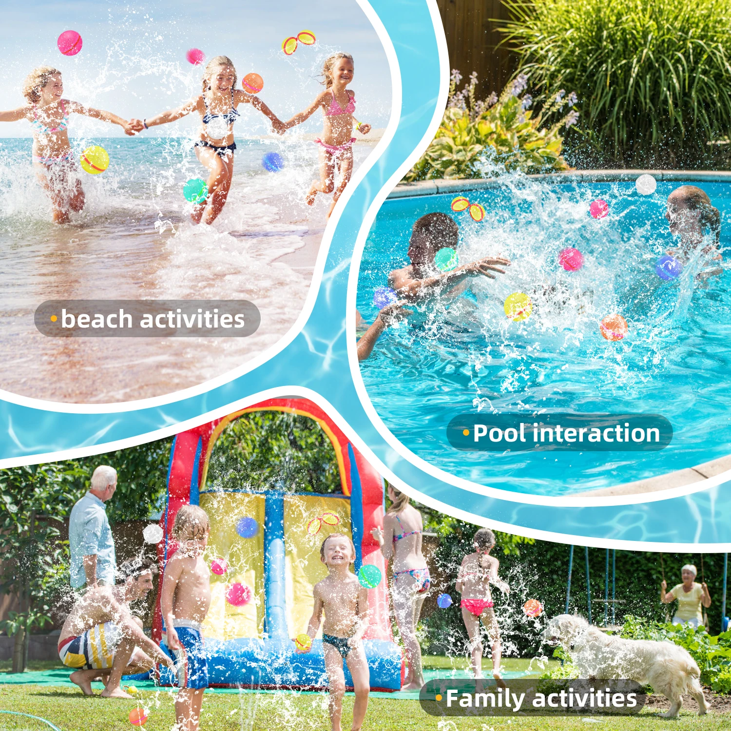 Children's summer outdoor water fights with multiple people, parent-child interaction, water polo, beach, and seaside play