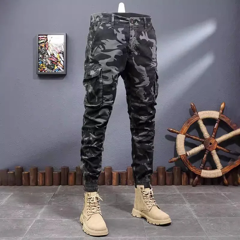 

Street Fashion Men Pants Stretch Slim Fit Camo Big Pocket Casual Cargo Pants Hombre Zipper Bottom Designer Hip Hop Joggers Men