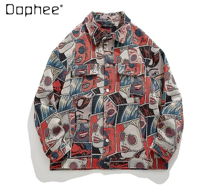 

Spring and Autumn New Ethnic Style Tie-Dye Plant Print Jacket Men's Loose Casual Character Print Workwear Jacket