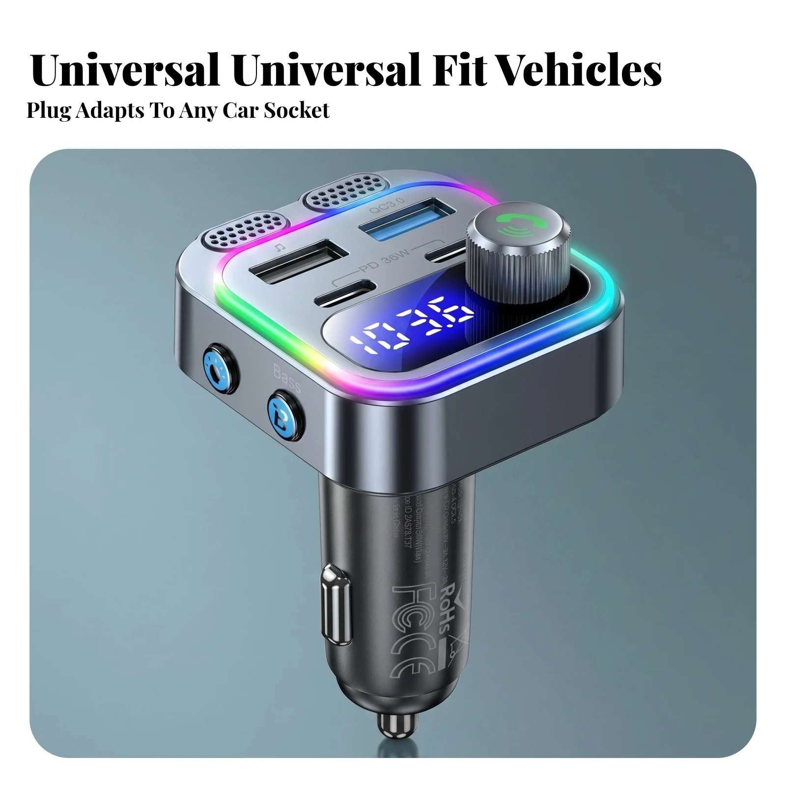 Bluetooth Radio Frequency Transmitter Multiple Charging Ports Usb Tf Card Player Car Charger Rotary Knob Vehicle Accessory