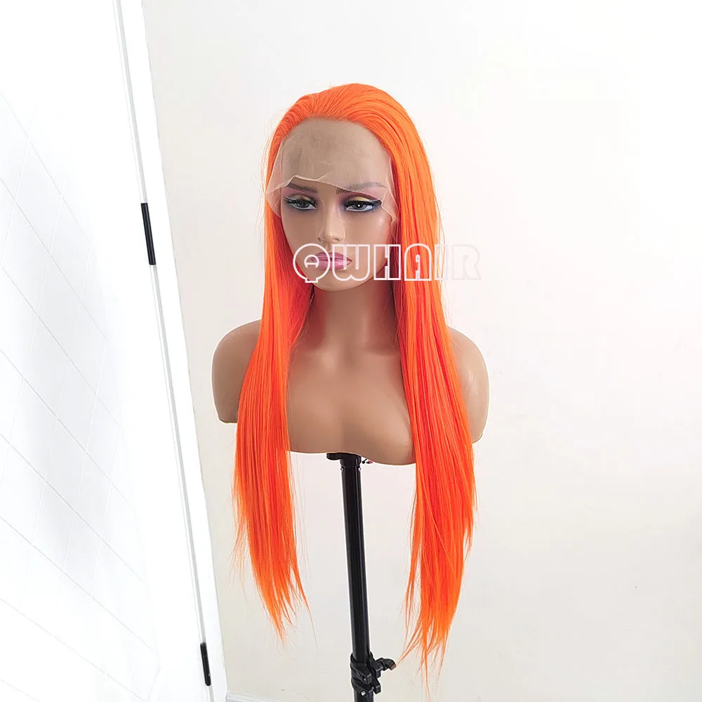 QW Synthetic Hair Orange Straight 13X4 Lace Front Wigs for Women  Frontal Wigs Cosplay Glueless Heat Resistant Fiber Cosplay