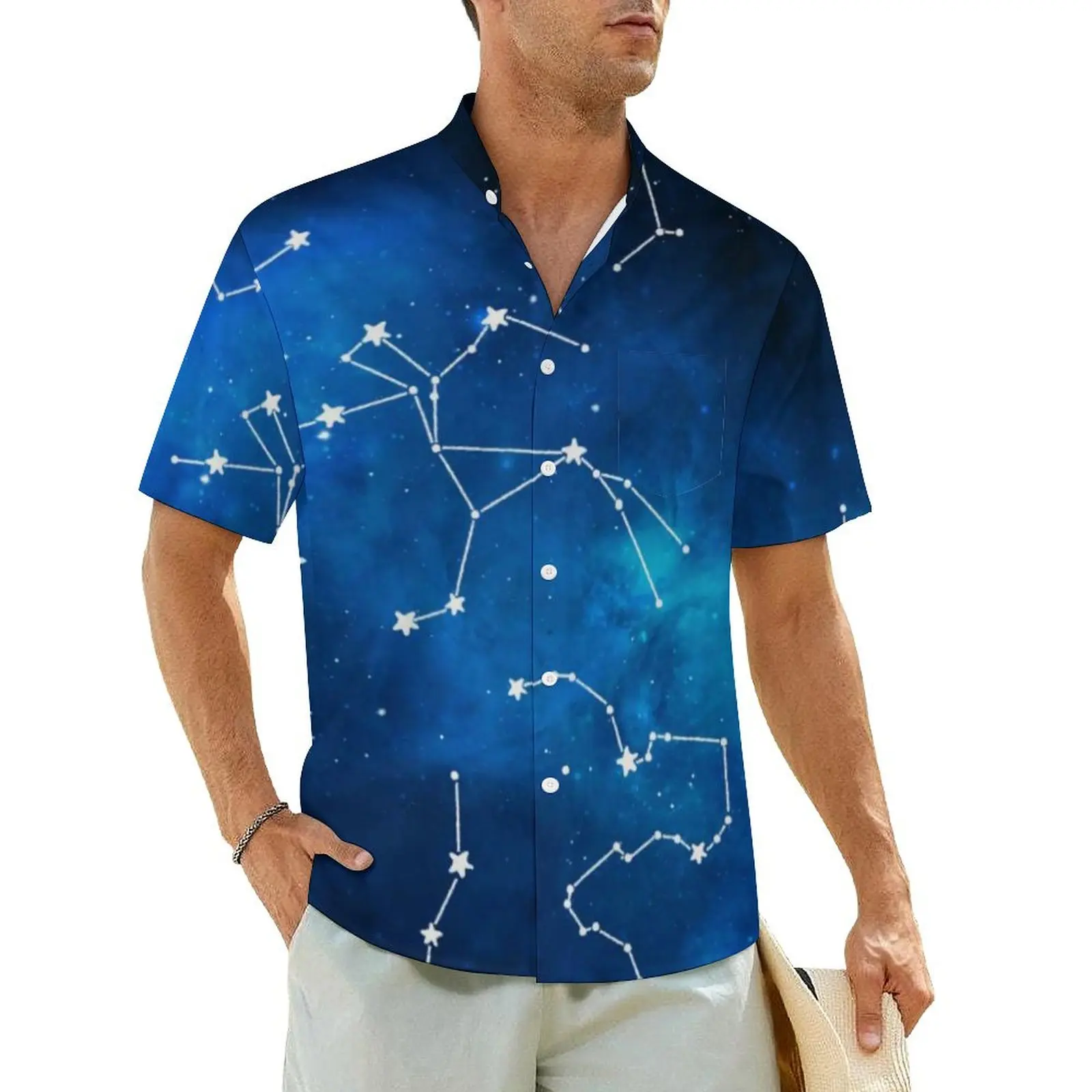 Blue Galaxy Hawaii Shirt For Mens Beach Sky Map Constellation Astronomy Casual Shirts Short Sleeve Streetwear Oversized Blouses