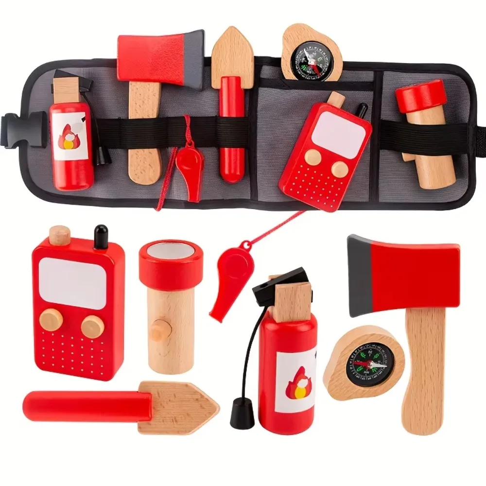 Kids Firefighter Toy Set Wooden Fireman Role Play Waist Bag with Tools Pretend Play Toy for Boys Girls Set Kids Christmas Gift