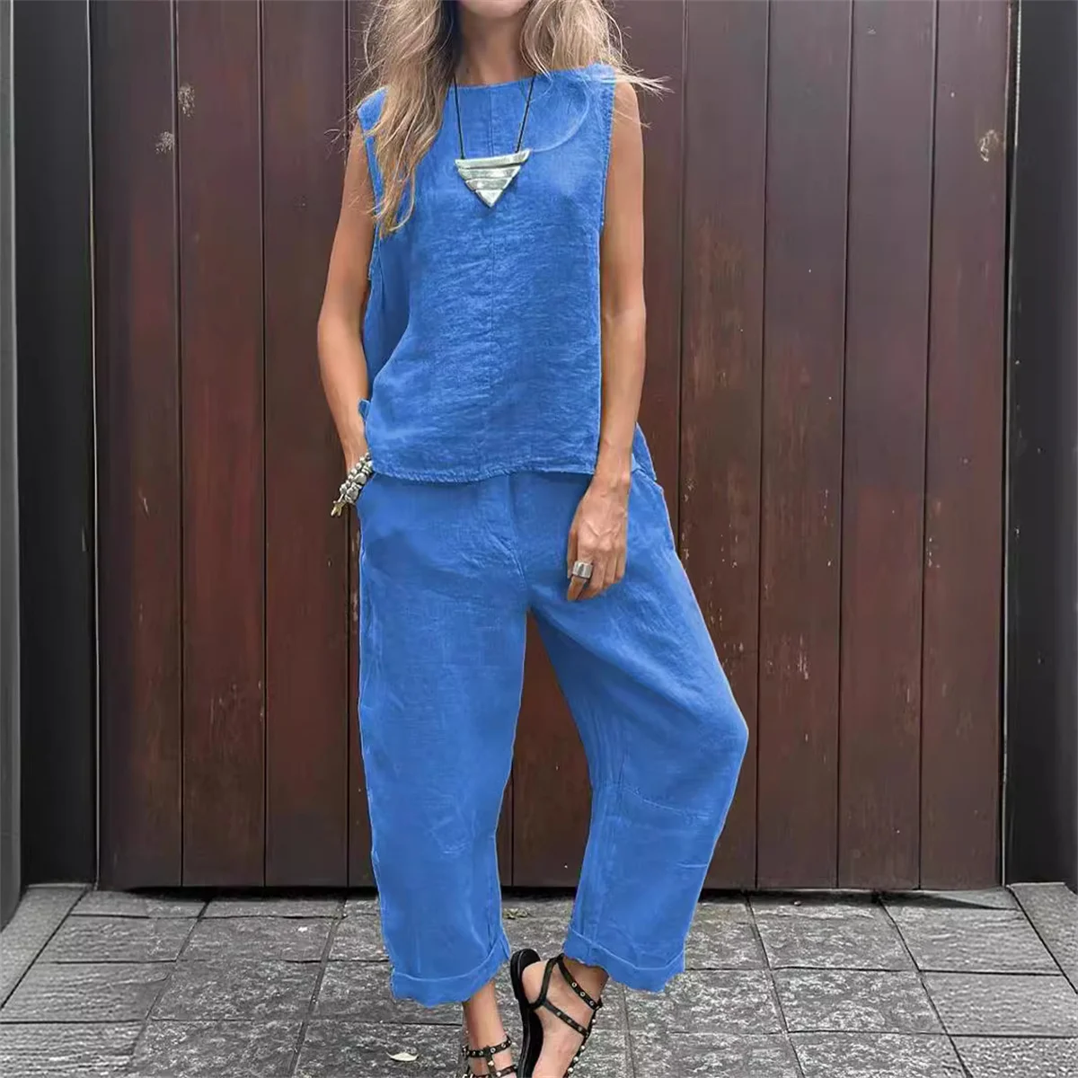 Spring Summer New Solid Color Sleeveless Women\'s Loose Round Neck Suit Simple Fashion Pocket Casual Long Pants Female 2piece Set