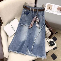 2024 New High waisted Denim Skirt 5XL Women Slim Vintage Tassel Jeans A-line Skirts Casual Women's Long Skirt Street Clothing