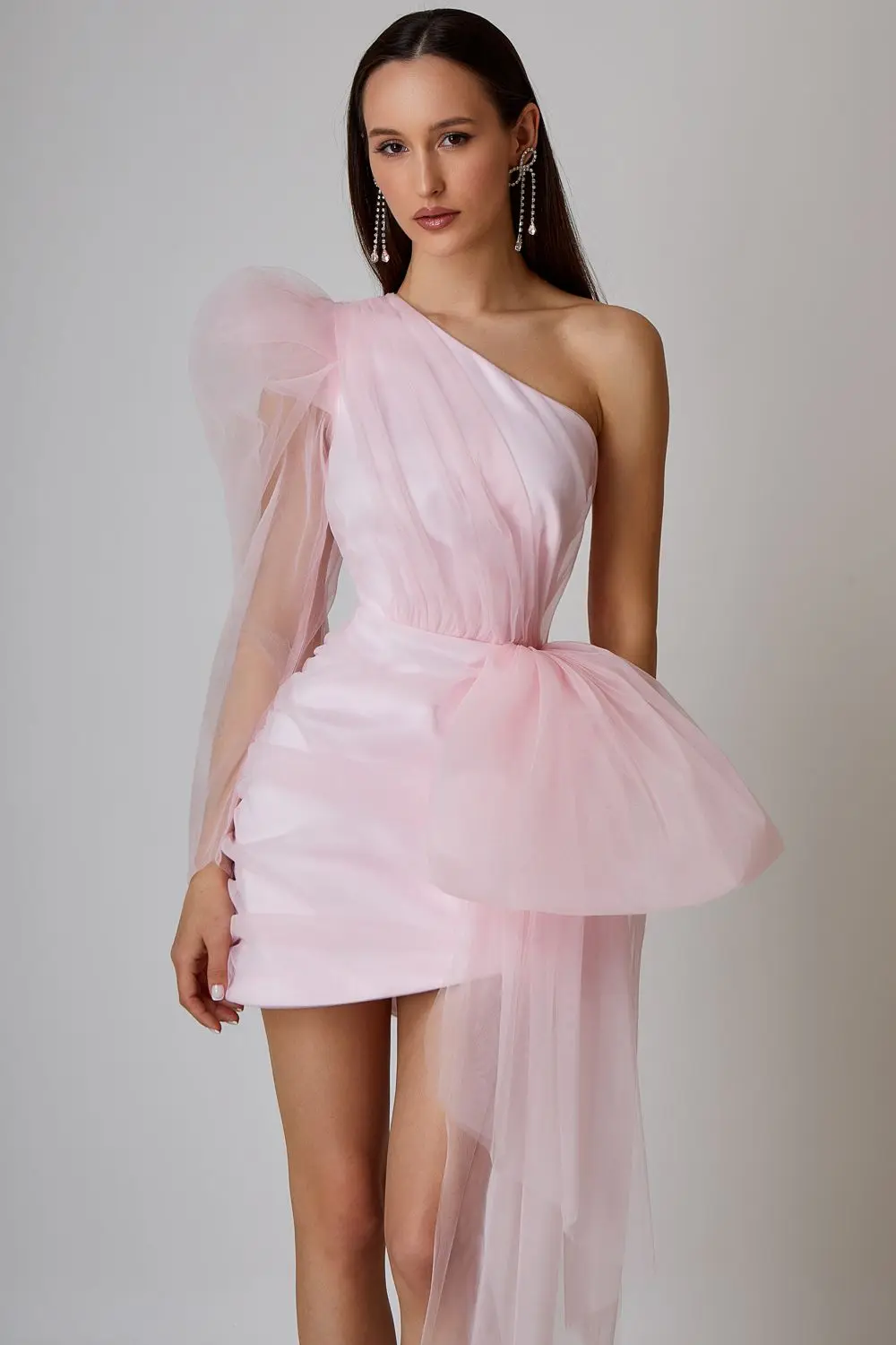 Eye Catching Pink One Shoulder Sheath Short Women Dresses With Cute Bow Pretty Mini Party Dress Girls Birthday Dress