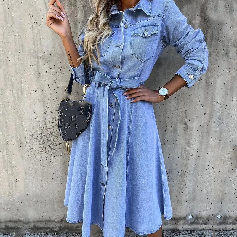 

Cotton Blue Fashion Denim Skirt 2025 New European and American Spring Denim Casual High Waist Pocket Lapel Dress