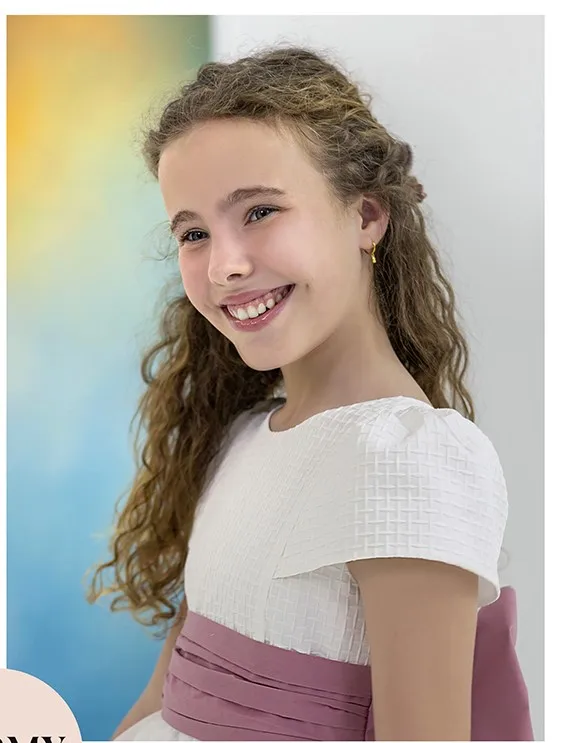 Elegram Holy First Communion Gowsn White Tulle A-line with Lace Flower Girl Dress for Kids Wedding Birthday Party Evening Ball