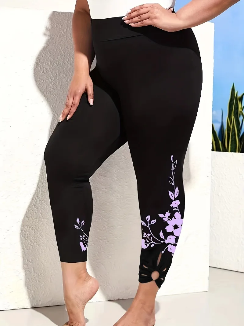 Plus Size 1XL-8XL Casual Leggings Women\'s Plus Floral Print Cut Out High Rise Medium Stretch Leggings