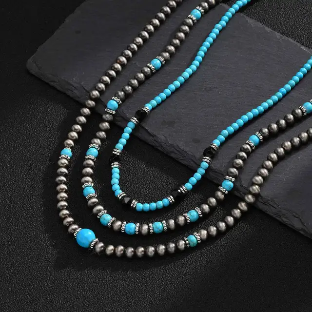 Collar de Cuentas Turquesas para Hombre Vnox, Cadena Ajustable Estilo Bohemio, Joyería Punk Hip Hop para Regalo de Cumpleaños para Él