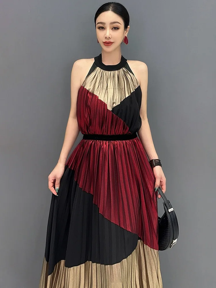 SHENGPALAE 2024 Summer New Fashion Casual Hanging Neck senza maniche Women Dress Chic Color block Vacation abiti femminili 5 c1304