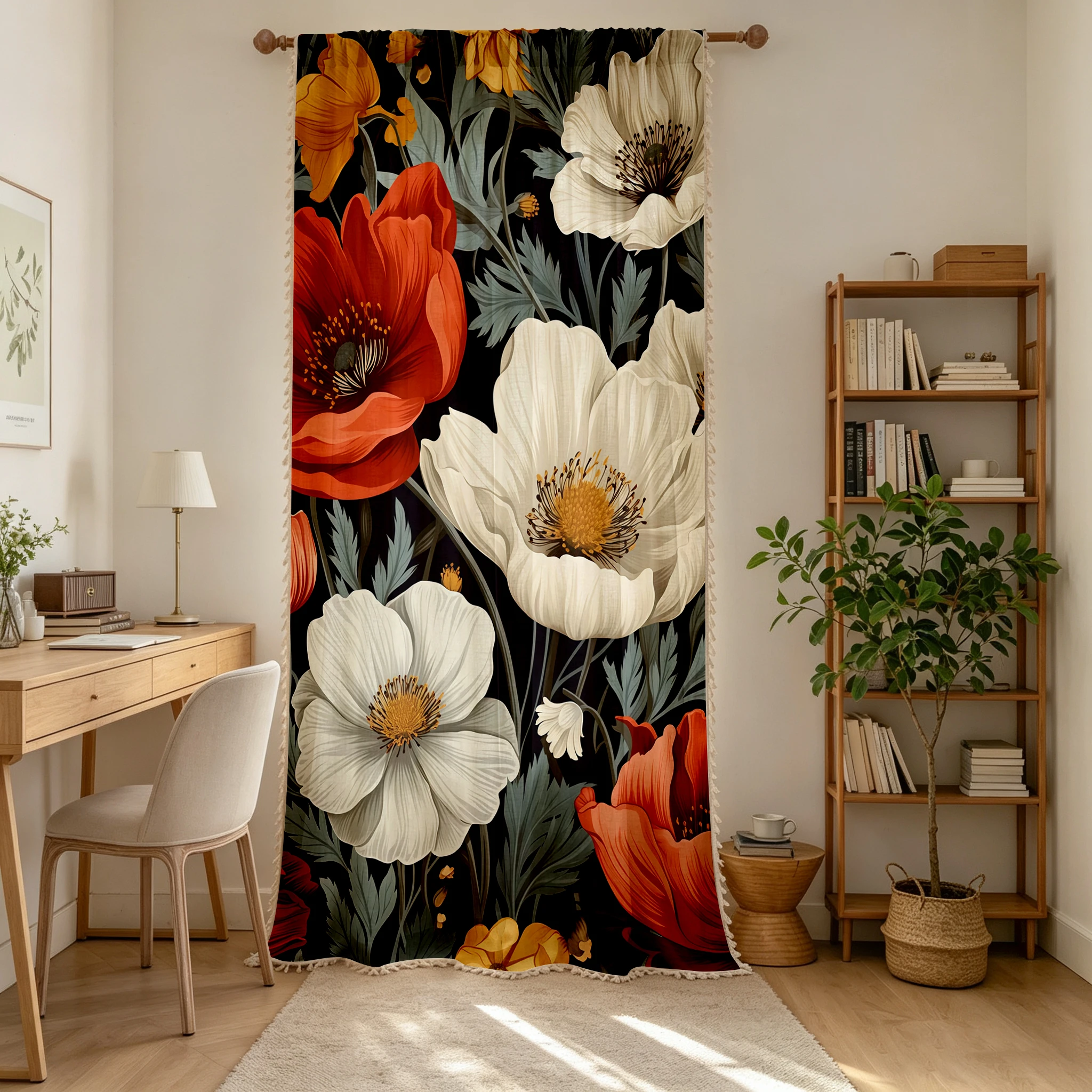 1PC Floral Tassel Sheer Curtains, Red White Poppy, Digital Print, Linen Polyester, Bedroom Living Room Kitchen, Home Decor