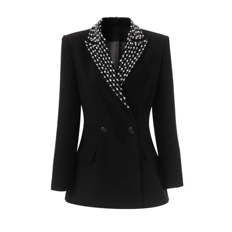Women Black Rhinestone Lapel Blazer Jacket Double Breasted Crystal Embellished Collar Waist‑Fit Suit Coat Elegant Party Office O