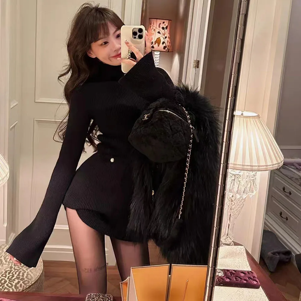 Autumn/Winter Knitted Sweater Dress Women\'s New Design Sense Turtleneck Flare Sleeves Dress Slim Wrapped Hip Mini Dresses Ladies