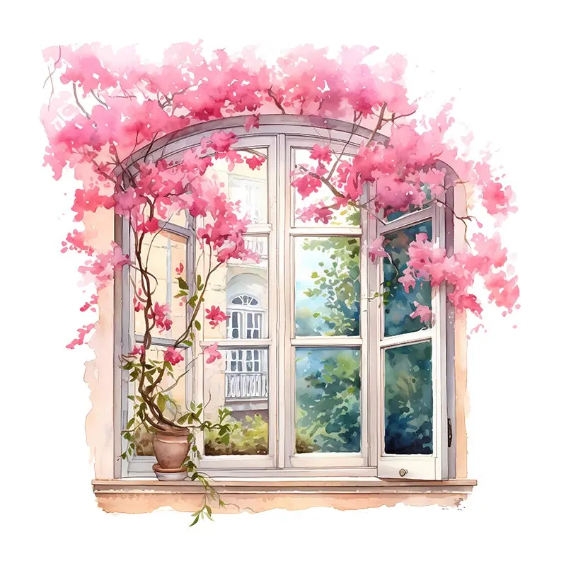 Pink Flower Window Funny Wall Sticker Kids Room Background Home Decoration Mural Living Room Wallpaper Decal