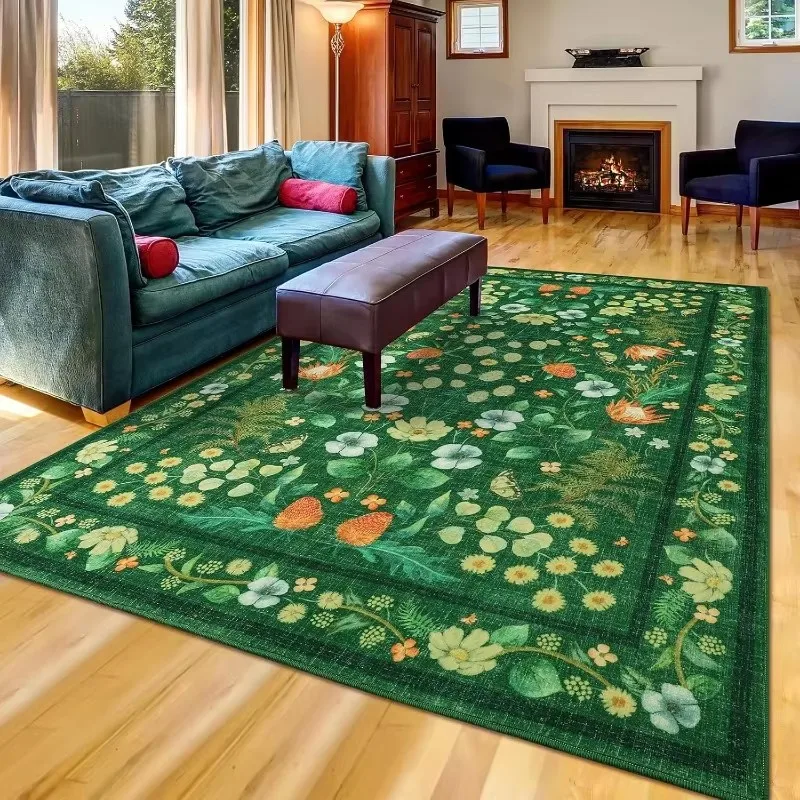 

Area Rugs Vintage Floral Rug for Bedroom Living Room Indoor Carpet for Bedside Kids Room Girls Boys Dorm Nursery Decor Mat Green