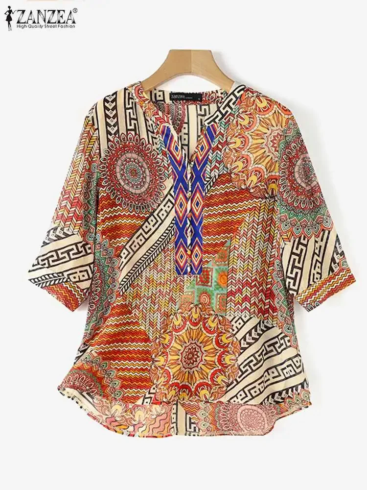 ZANZEA Vintage V-neck Female Blusa Holiday Ethnic Printing Tunic Women Summer Bohemian Blouse 2024 Summer Loose Half Sleeve Tops