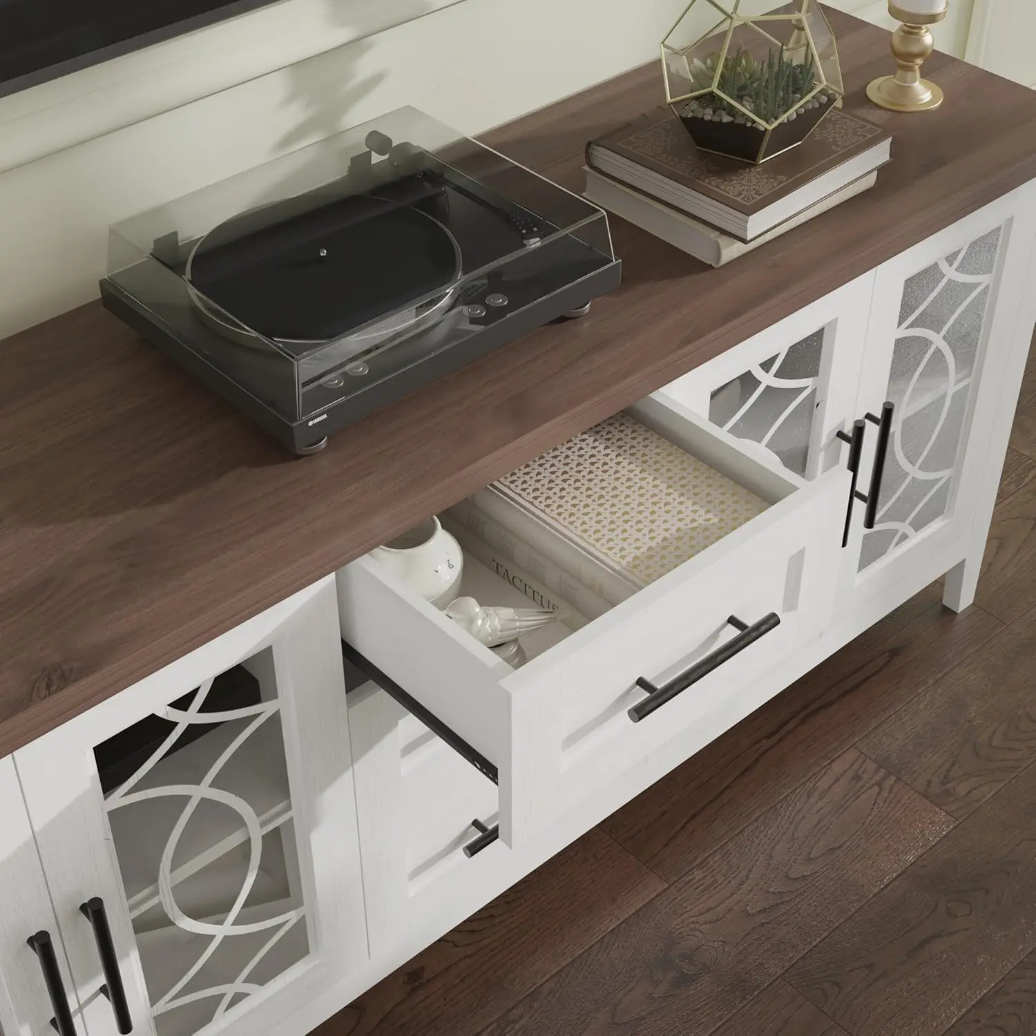 Suportes de TV para sala de estar, centro de entretenimento com porta de vidro, suportes de televisão, 2 portas de armazenamento e 3 gavetas para 65 polegadas