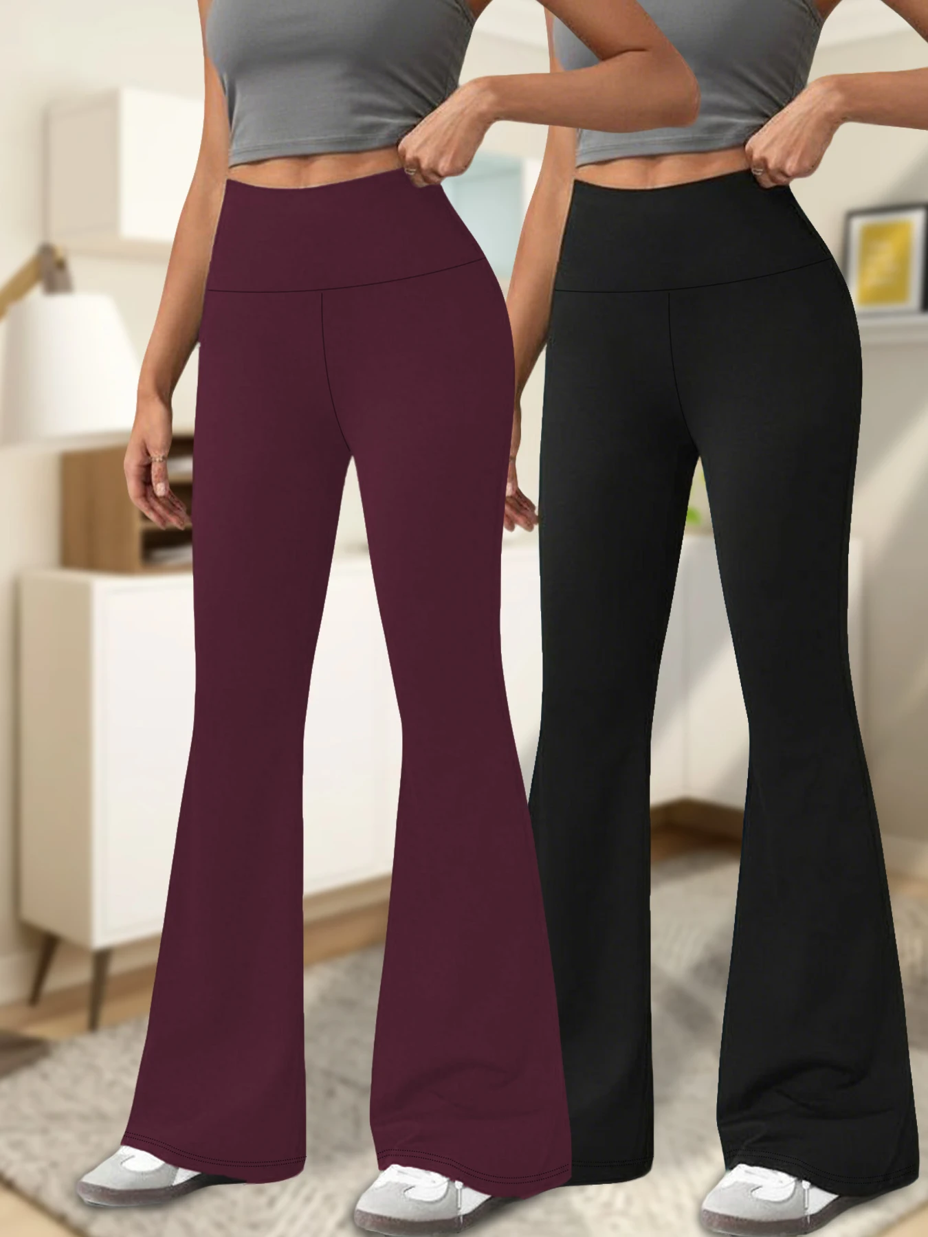 

2 pack Ladies high-rise flared yoga trousers with leg bottom. Perfect for yoga or casual.