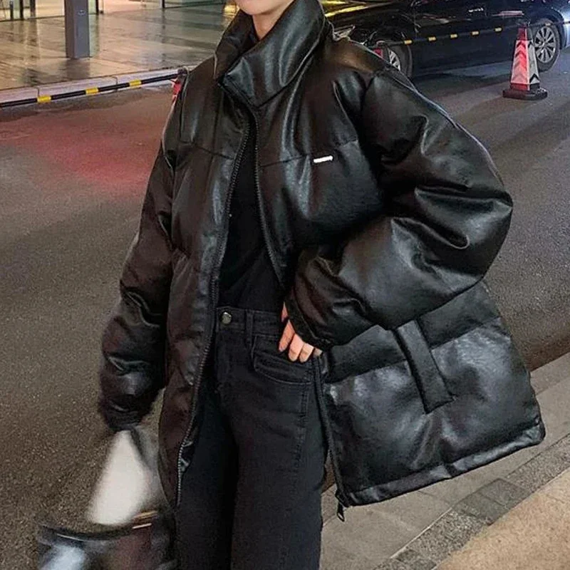 여성용 패딩 파카 솔리드 블랙 밝은 색상 두꺼운 한국 겨울 인조 가죽 재킷 가을 루즈 코트 여성용 무광 외투