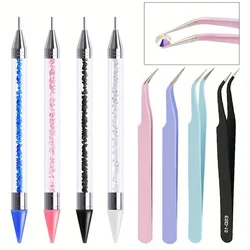 2Pcs set of manicure double-ended diamond pens with crayons stainless steel tweezers nail art grafting eyelashes manicure tools