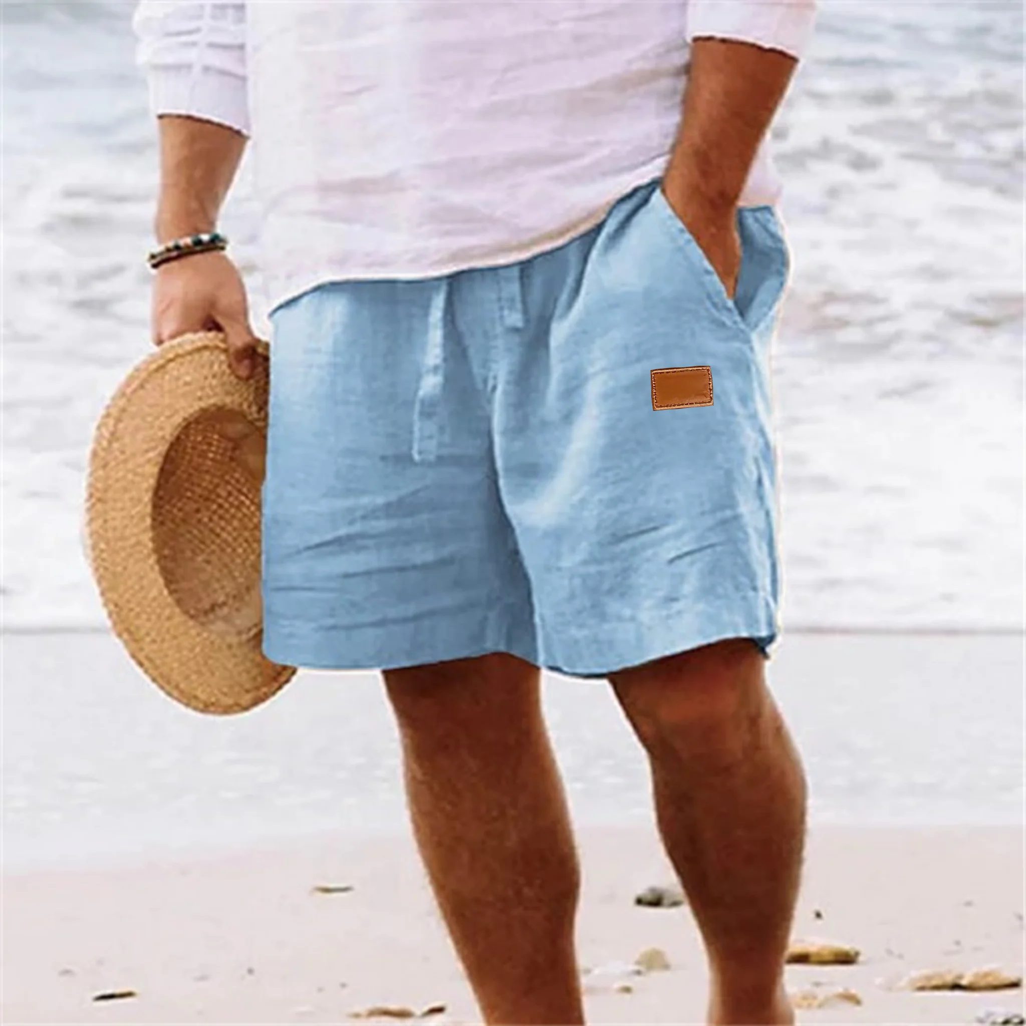 2025 Neue Sommer Herren Baumwoll-Leinen Atmungsaktive Shorts Hawaii Strandhosen Einfarbige Herrenhosen Lose Vielseitige Streetwear – Detail 15