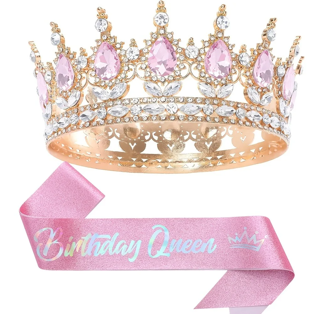 Glitzernde Strass-Geburtstagsparty-Set Tiara Krone Königin-Schärpe Frauen Mädchen Happy Birthday Haaraccessoires Abschlussball-Geschenke Dekorationen – Detail 2