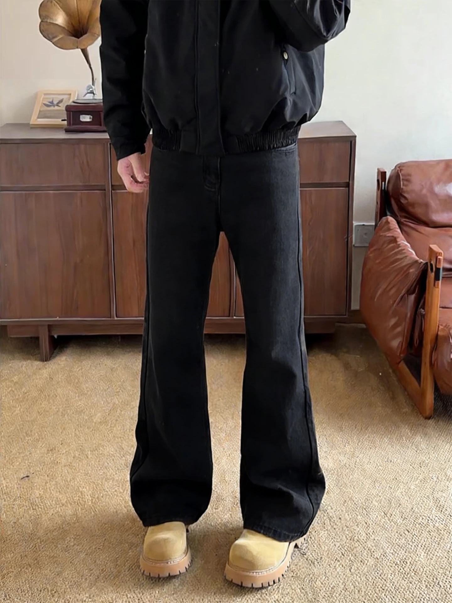 

High Waist Thiened Fce Lined Bell Bot Men's Denim Jeans Retro Sle Straight Leg Trousers for Autumn Winter Season