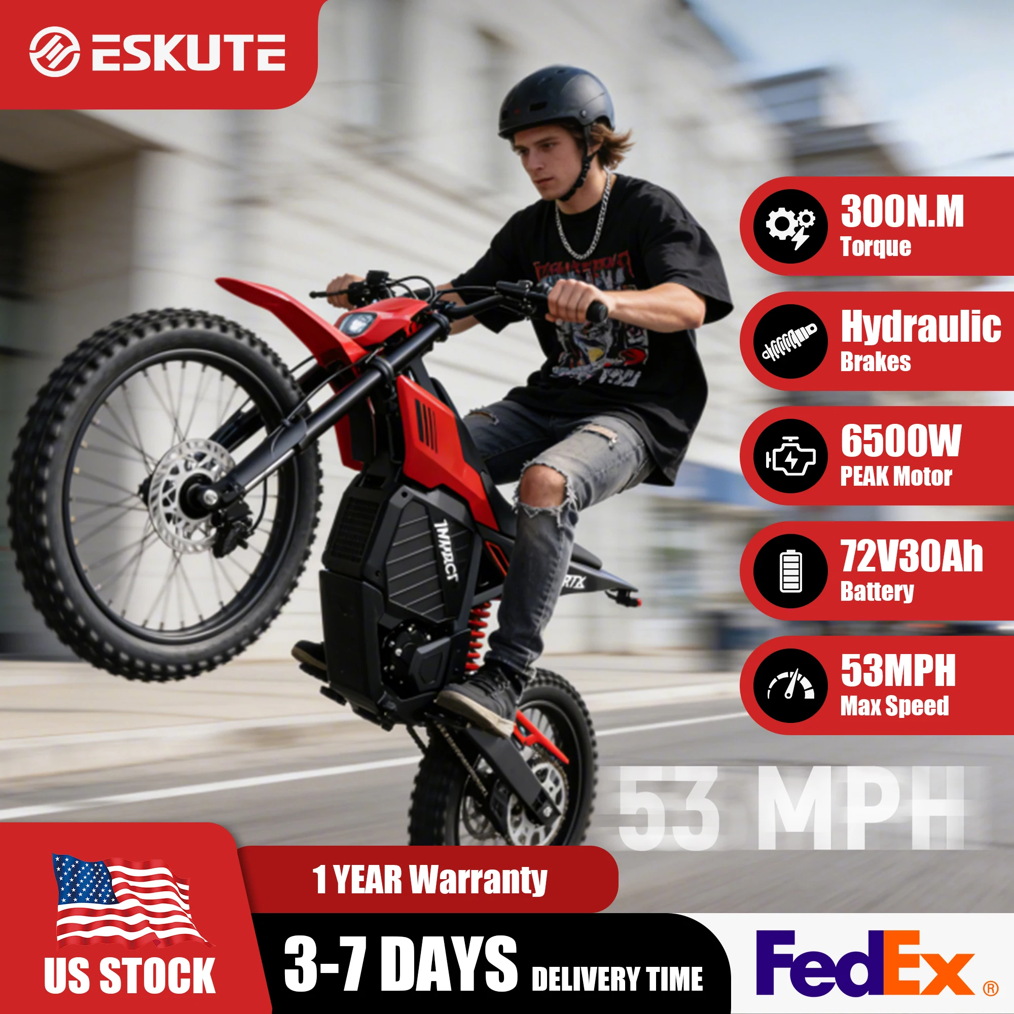 

Электрический мотоцикл ESKUTE RT-X 19" 17" для взрослых, 6500 Вт, пиковая скорость 53+ миль/ч, среднеприводный двигатель, аккумулятор 72В 30Ач