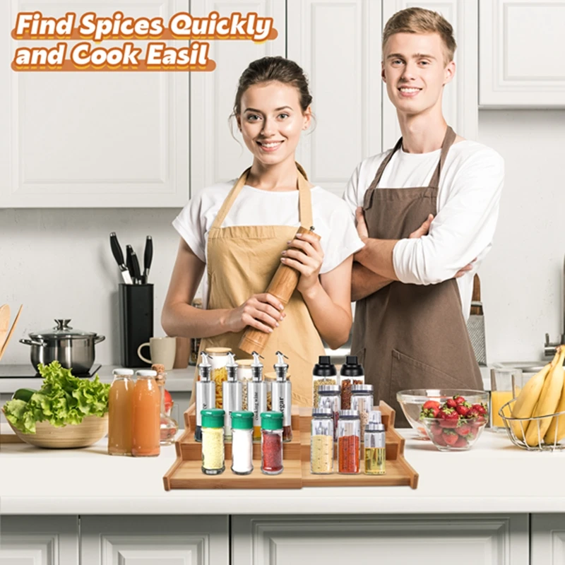 Spice Rack Kitchen Cabinet Organizer- 3 Tier Bamboo Expandable Display Shelf, Bamboo 3-Layer Adjustable Spice Rack-A79M view 2