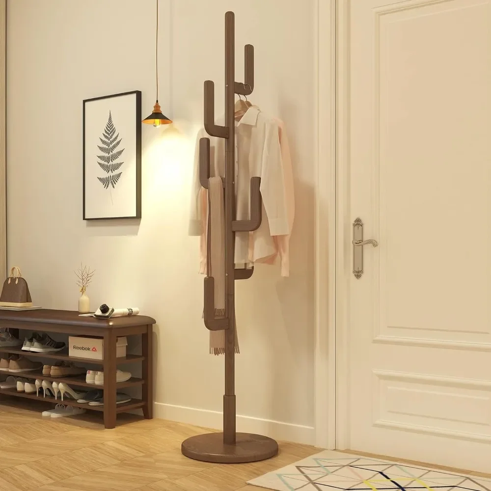 Coat Rack, Unique Design Cactus Coat Rack Freestanding, Adjustable Height Wooden Coat Rack Stand with 6 Hook