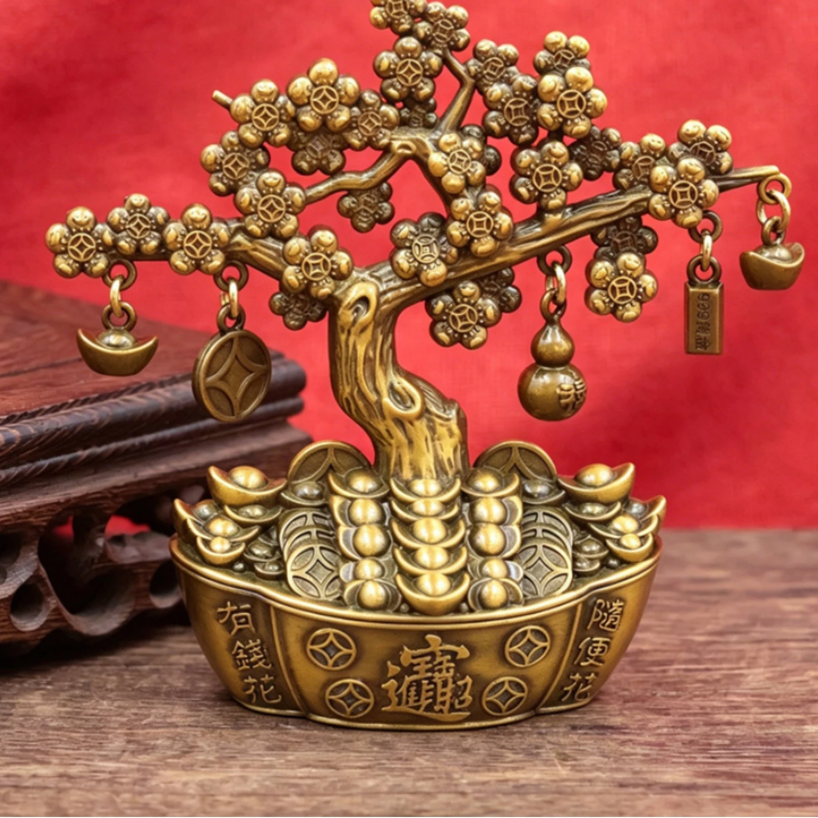 Decor Boat Base Coin Blossom Tree Ornament with Embossed Motifs for Home Entryway Shelf Decoration