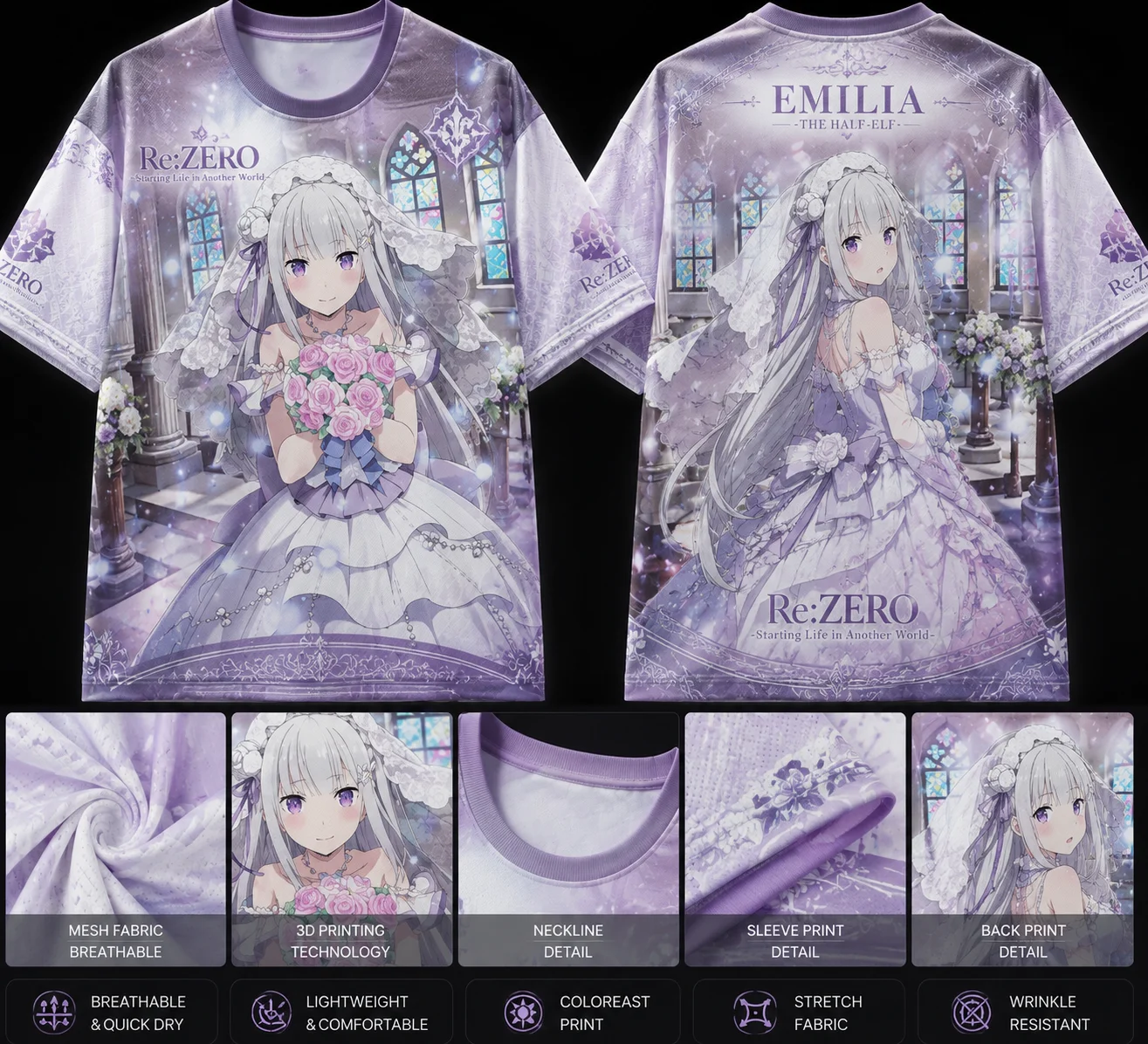 Anime Re Zero Emilia Wedding Dress Full Print T‑Shirt Polyester Mesh Breathable Quick‑Dry Short Sleeve Cosplay Tee For Men Women