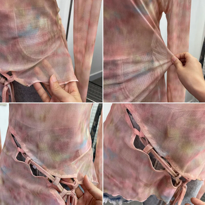 Women Irregular Lace Fungus Tie-Dye Long Sleeve T-Shirt Printed Mesh See-through Sun Protection Cover-Up Hot Girl Short Top Tee