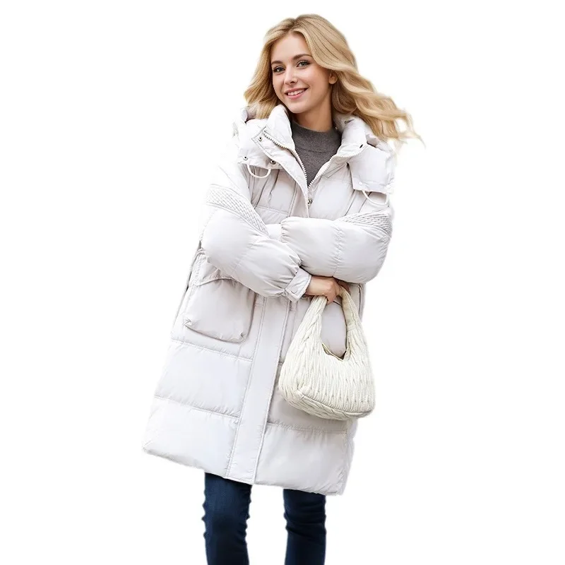 2024 Down Cotton Padded Coach Women\'s Winter Parka Pockets Medium-Length Coat New Female Hooded Warm Cotton Jacket Wholesale