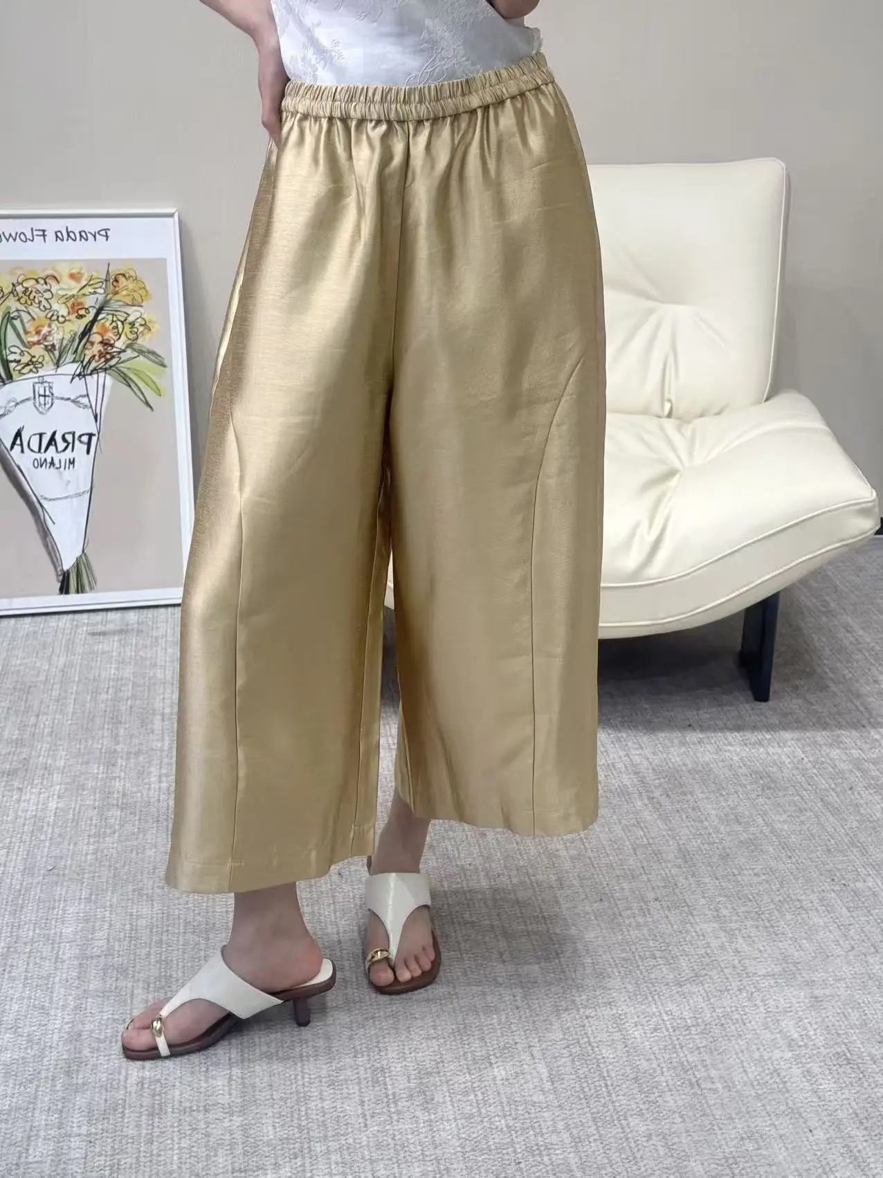 Multi-Color Pearl Satin Wide Leg Pants High Waist Elastic Slimming Drapey Seven-Quarter Length Casual Trousers for Women