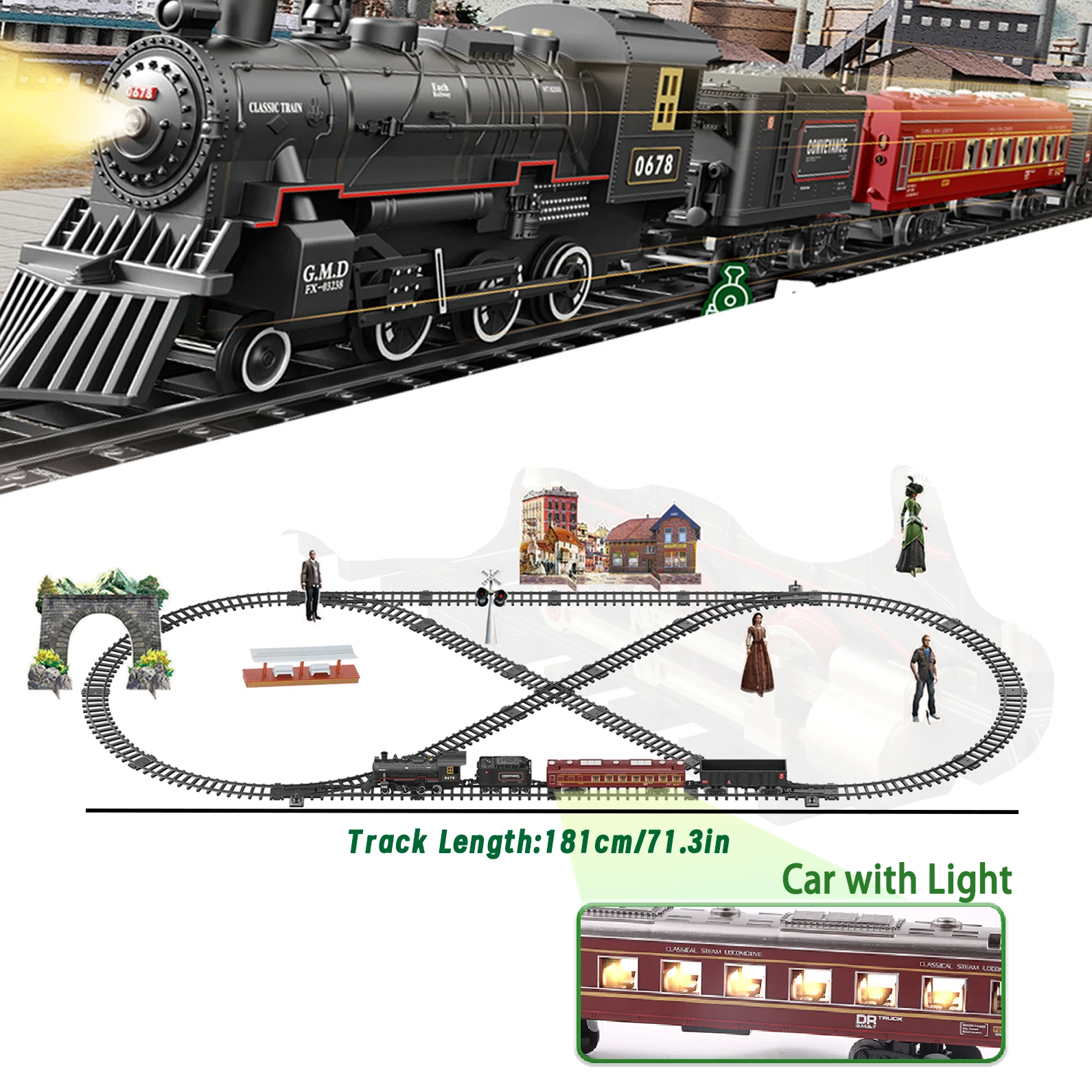 New Product Classic Railway Train Water Steam Locomotive Set with Smoke Simulation Model Electric Train Set With Light and Sound