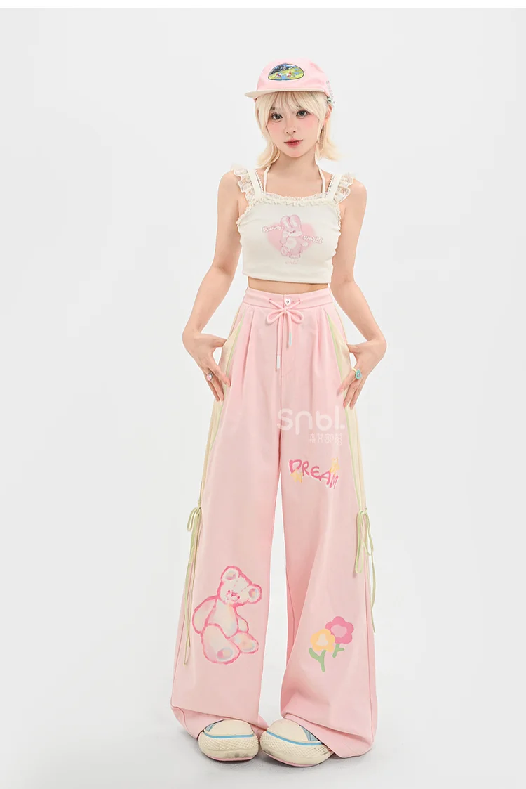 2025 Summer New Women's Sweet Style Pink Bear Print High Waist Slim Fit Versatile Casual Cotton Wide Leg Pants