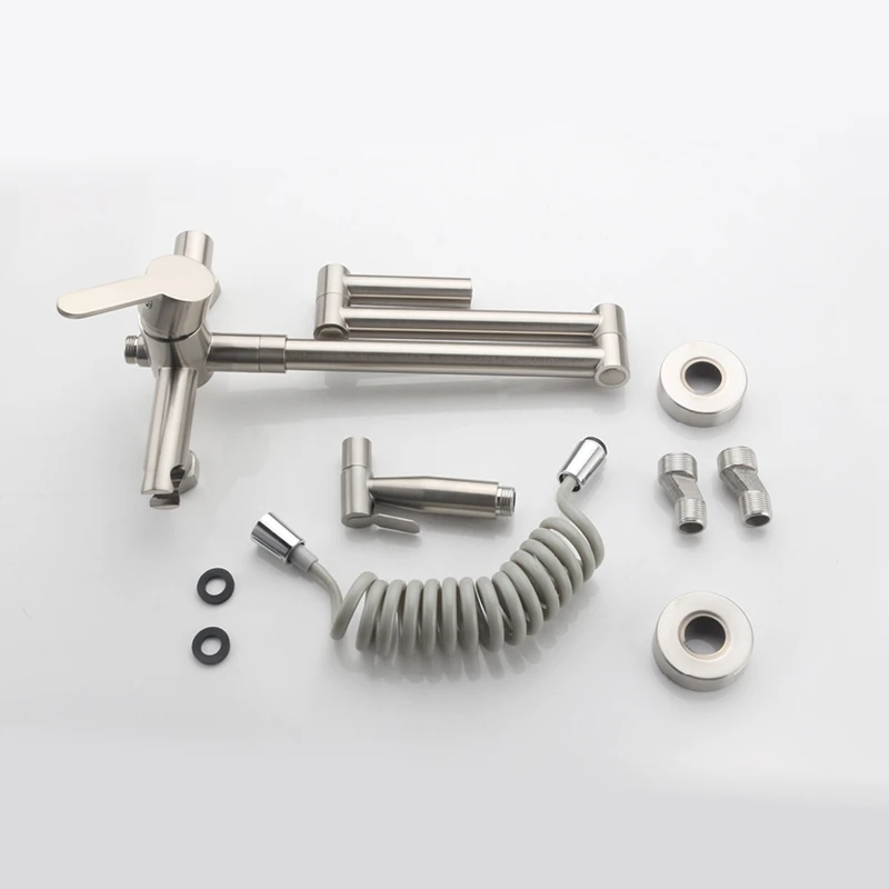 صنبور مطبخ مثبت على الحائط مع بخاخ يدوي بفتحة مزدوجة قابل للدوران 360 درجة ° صنبور حوض المطبخ القابل للطي بمقبض واحد، صنبور خلاط ساخن وبارد #6