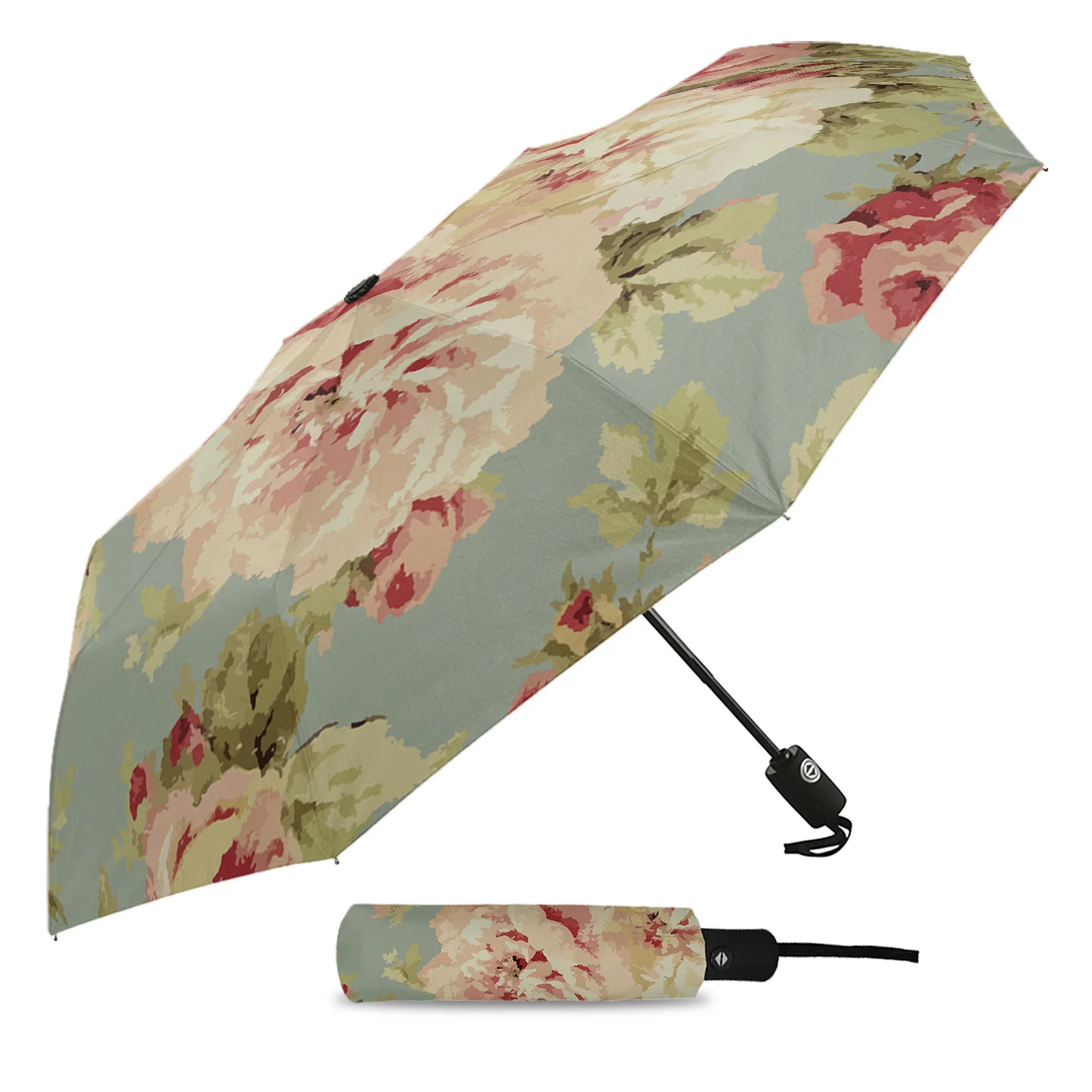 Peony Flower Vintage Farmhouse Creative Umbrella Rain Women Automatic Three Folding Umbrellas Windproof Parasol Parapluie