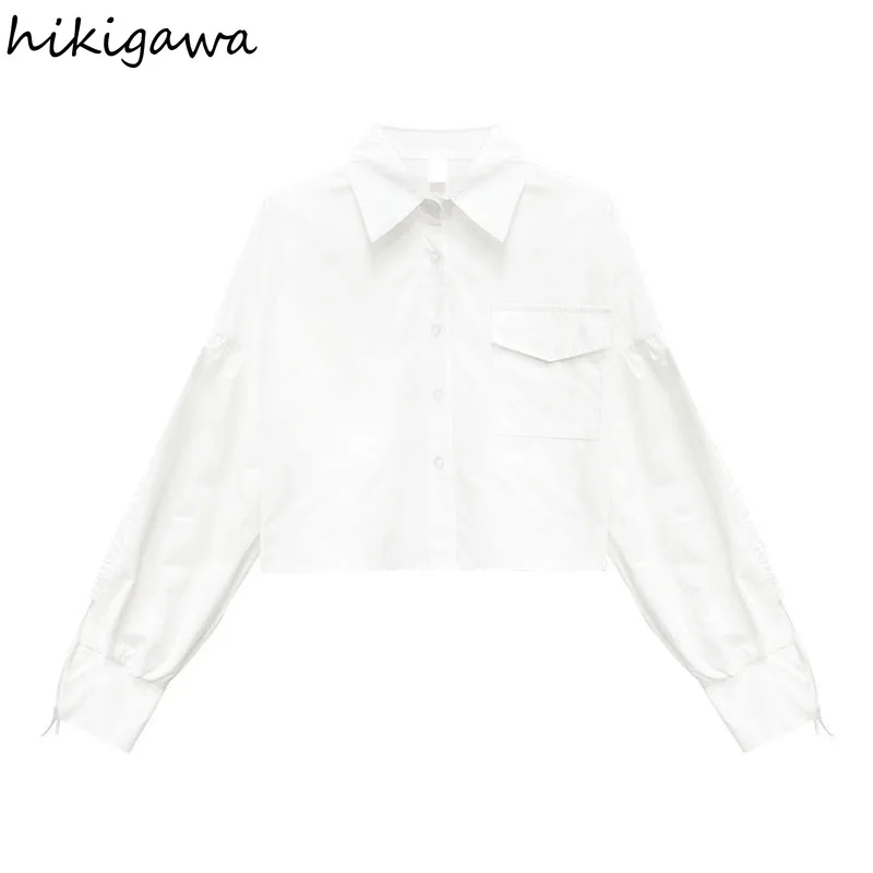 White Blouse Women Fashion Sweet Peter Pan Collar Long Sleeve Crop Tops 2023 Blusas Mujer De Moda Off Shouder Drawstring Shirts