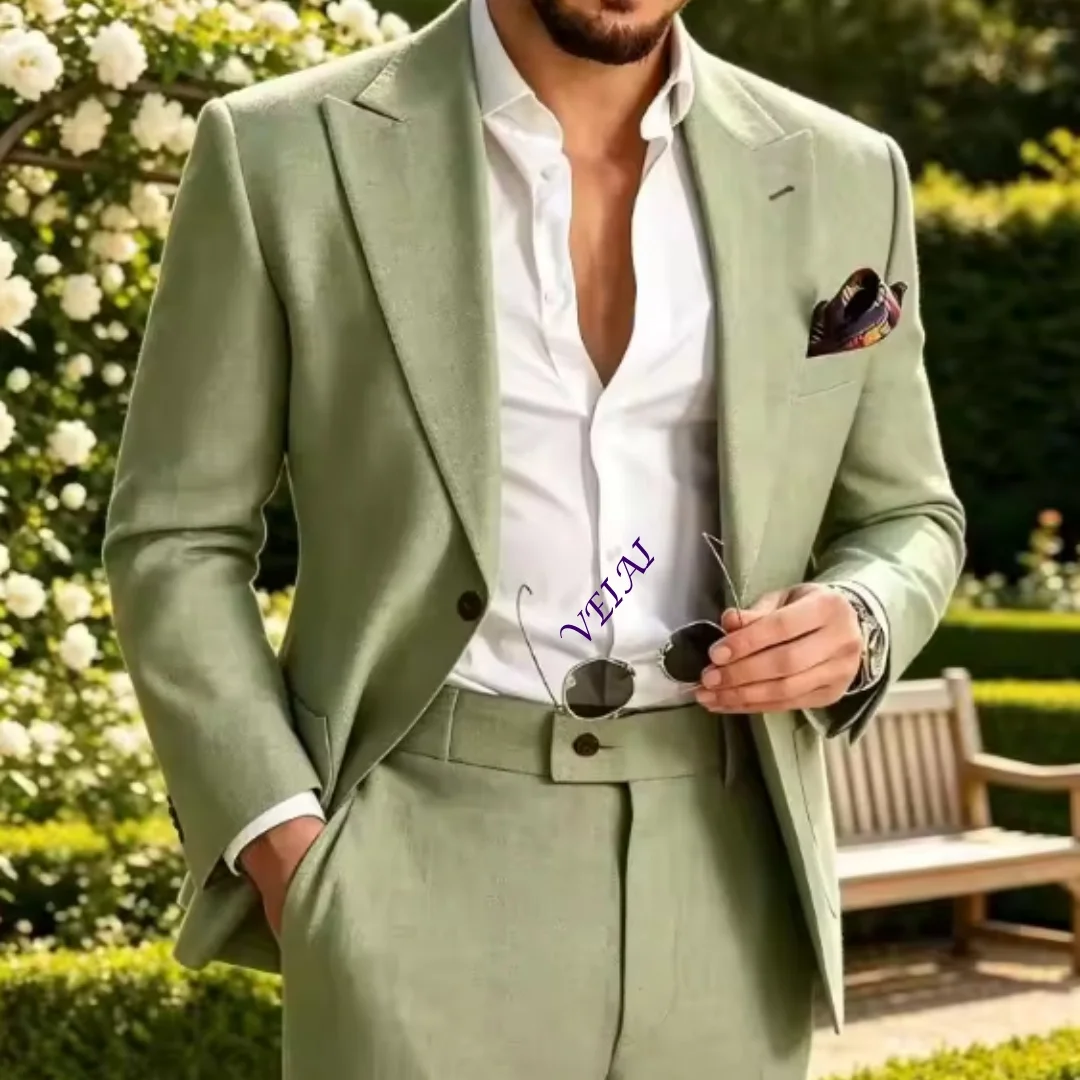 CustomizedLinen Men Suit Sage Lightweight Summer Casual Green 2 Piece Set Beach Wedding Groom Suits Outdoor Men Fashion Suit