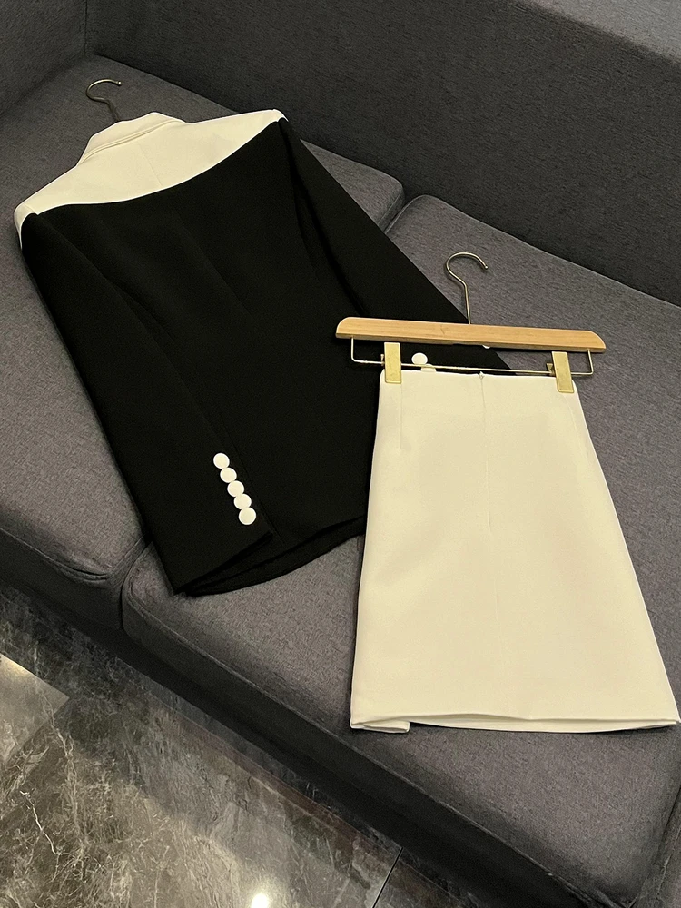 شتاء جديد Sle Bla الأبيض لصق اللون oing دعوى ort تنورة Faion قطعتين مجموعة تخفيف OL f تنورة مجموعة العصرية B060