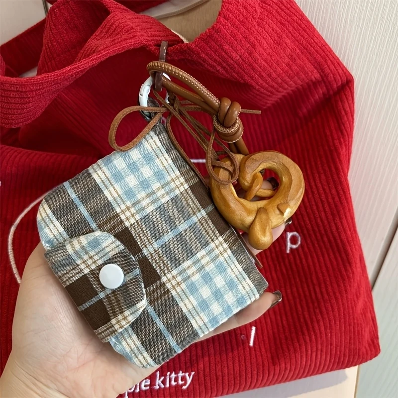 Vintage Plaid Double- Card Holder (No Pendant Included), Japanese-Style Minimalist Material, Multi-Layer Compartment
