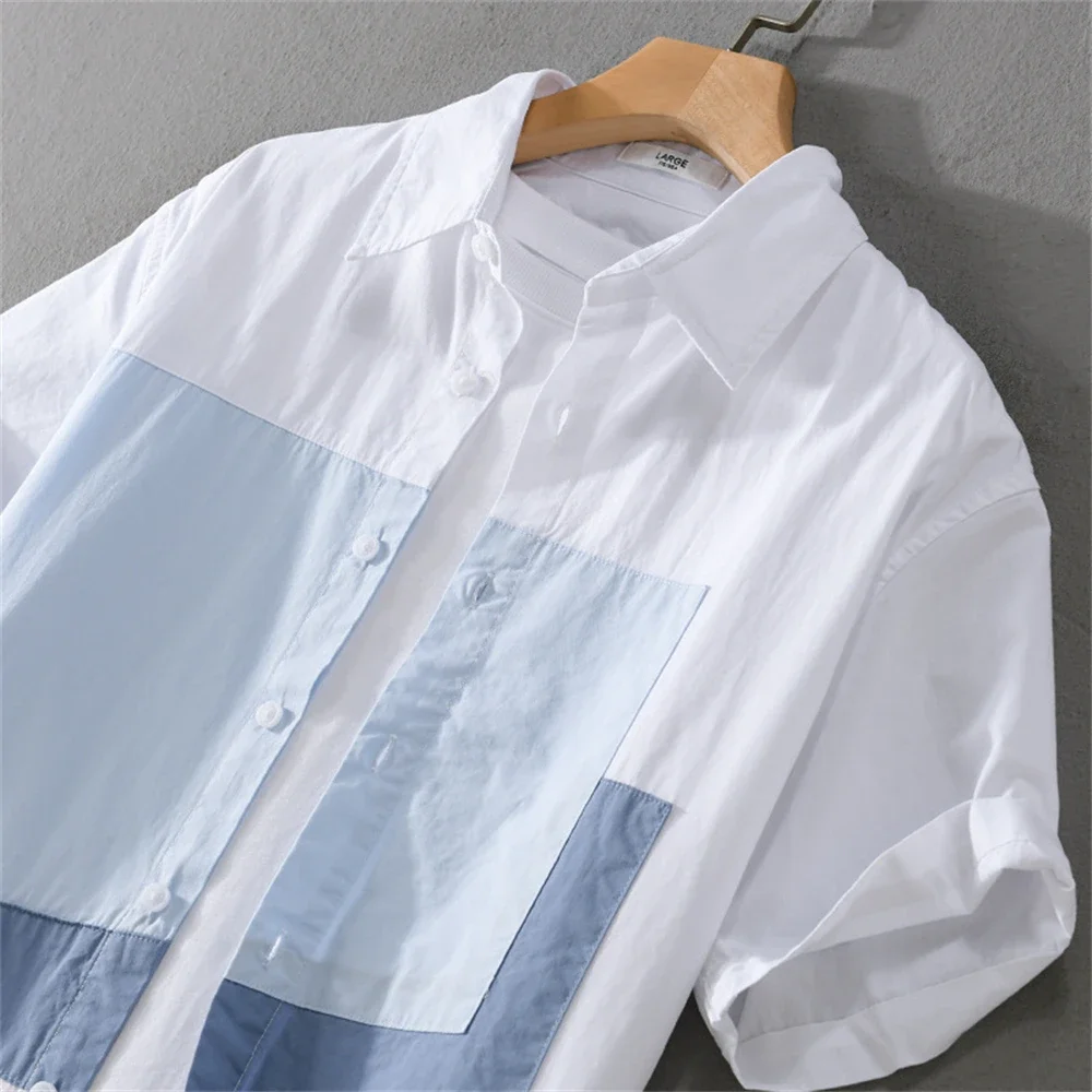 Camisas de manga corta de verano para hombre, camisa informal de algodón suave con bloqueo de Color para hombre, ropa de moda, Tops para hombres jóvenes