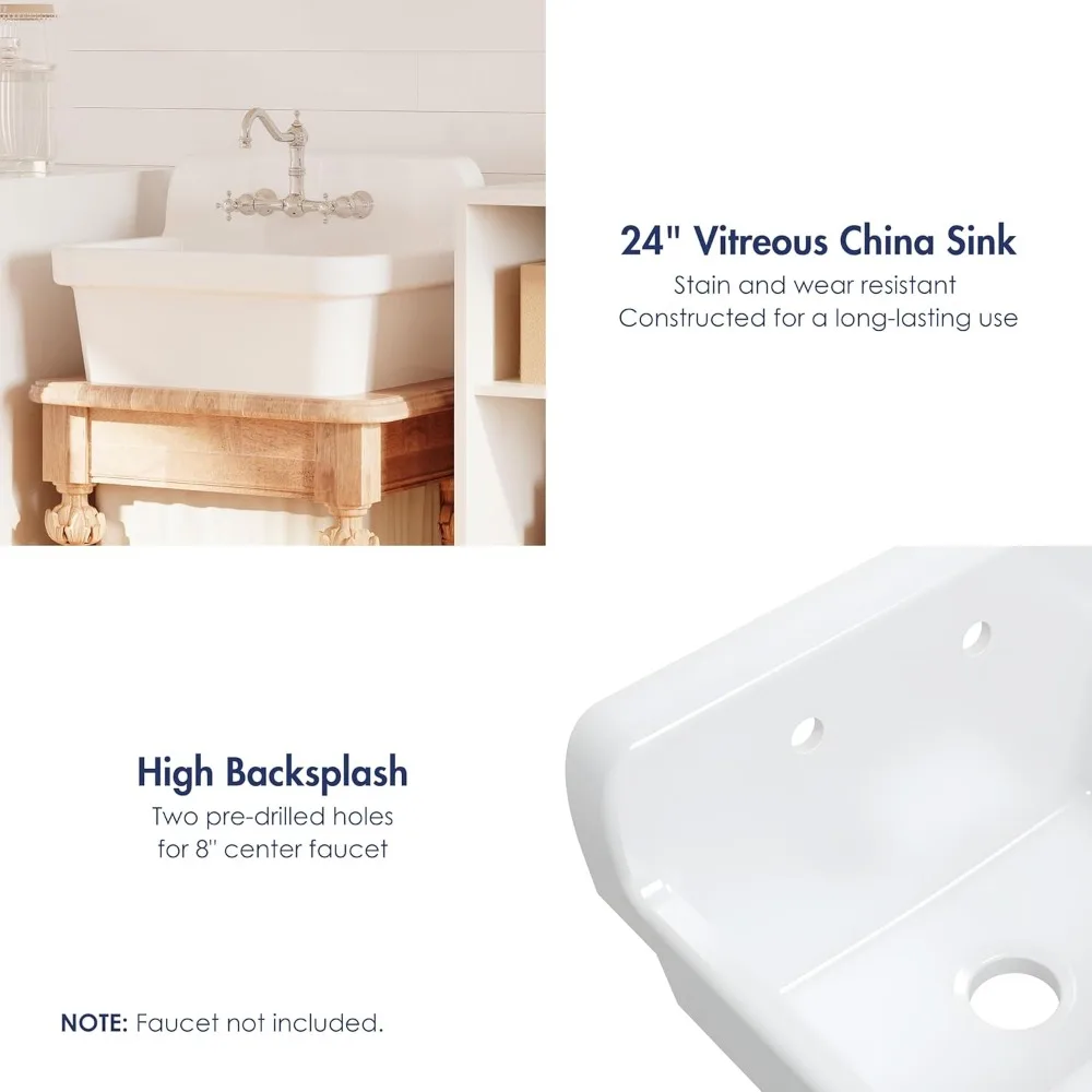 24 Inch Utility Sink, Farmhouse Kitchen Sink Wall Mounted Laundry Sink Floating Porcelain Ceramic Trough High Back for Garage,