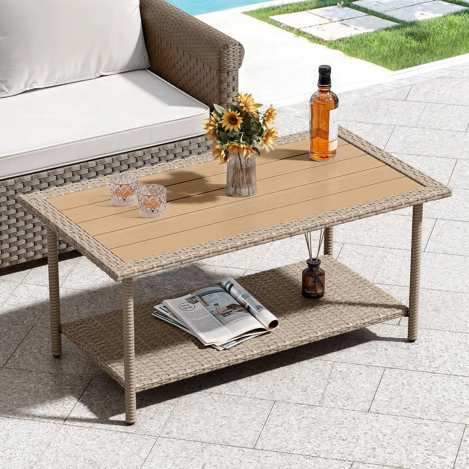 Outdoor Wicker Coffee Table, Two Tier Rectangle Patio Tea Table With Storage Shelf For Garden Backyard Porch Deck Living Room, Modern Rustic Style, Brown, 1 Piece