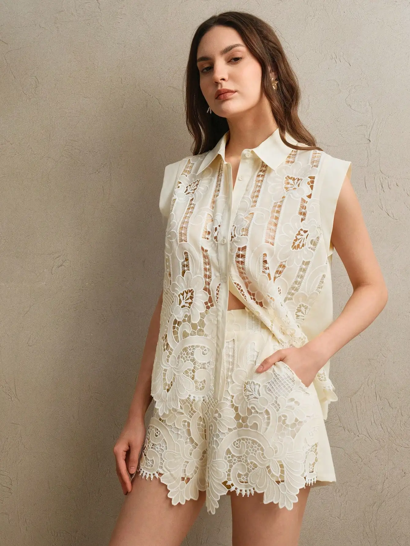 Anewsta Set di Lusso Vintage da Donna con Blusa Ricamata in Pizzo e Pantaloncini