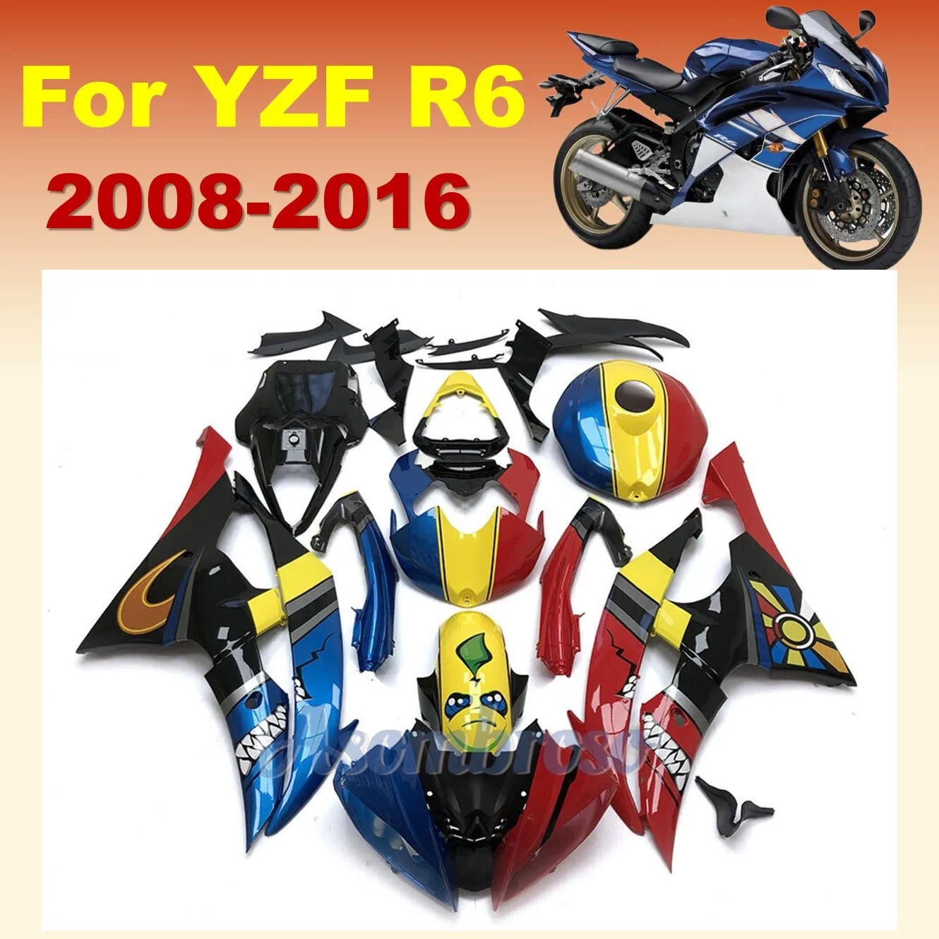 Kit de carenagens de corpo de tubarão de desenho animado adequado para YZFR6 2008 2009 2010 2011 2012 2013 2014 2015 2016 yzf-r6 08-16 plástico ABS