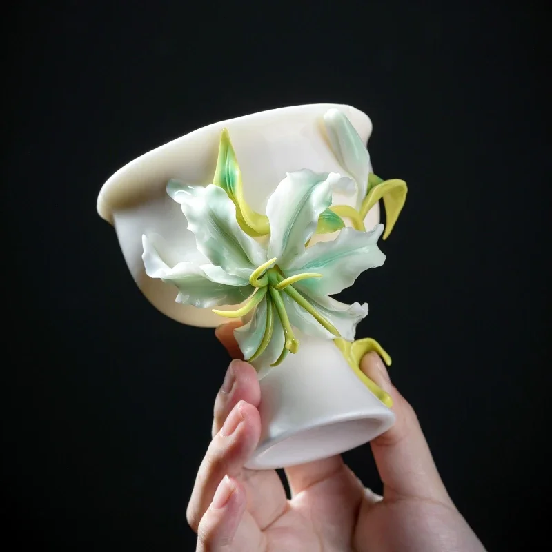 Hand-squeezed flower ceramic water cup, lily flower teacup, Christmas gift for girls, birthday gift, high value